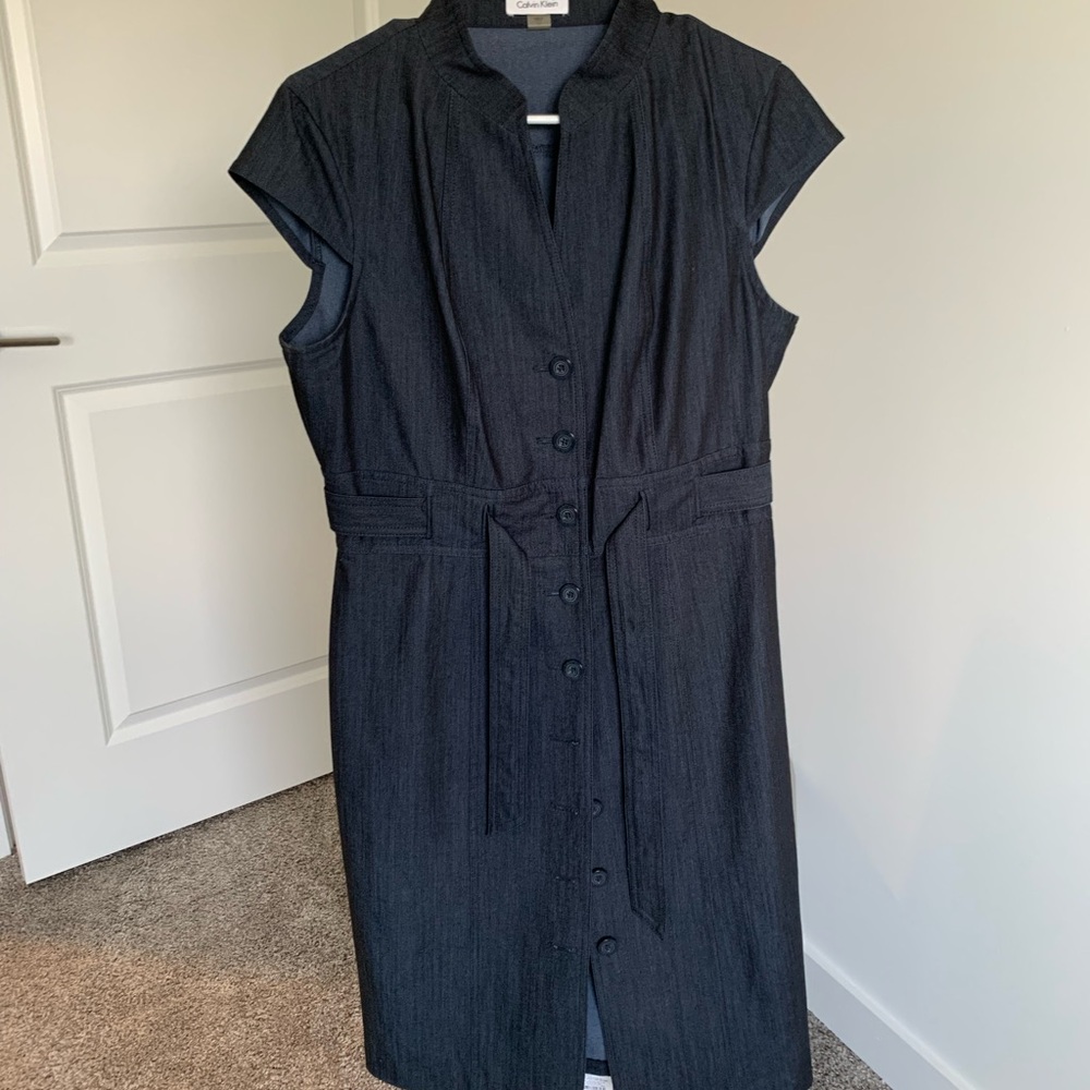 Calvin Klein Blue/Gray Wrap Tie Front Midi Dress